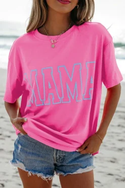 Online Dear-Lover MAMA Letter Graphic Neon T Shirt Bright Pink