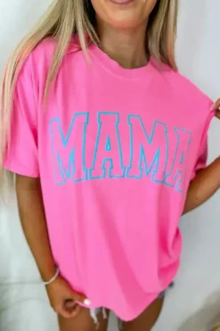 Online Dear-Lover MAMA Letter Graphic Neon T Shirt Bright Pink