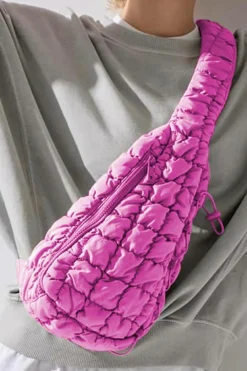 Best Dear-Lover Marshmallow Quilted Drawstring Decor Sling Bag Bright Pink