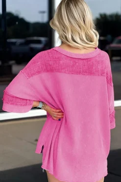 Outlet Dear-Lover Oversized Mineral Wash Textured Bracelet Sleeve Top Bright Pink