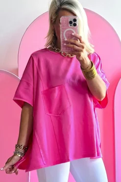 Hot Dear-Lover Patched Pocket Exposed Seam Oversize T-shirt Bright Pink