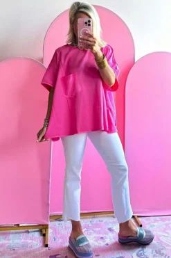 Hot Dear-Lover Patched Pocket Exposed Seam Oversize T-shirt Bright Pink