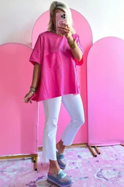 Hot Dear-Lover Patched Pocket Exposed Seam Oversize T-shirt Bright Pink