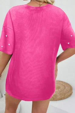 Best Dear-Lover Pearl Beaded  Drop Shoulder Crewneck T Shirt Bright Pink
