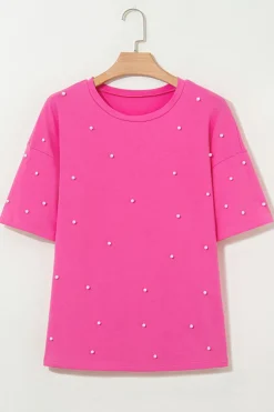 Best Dear-Lover Pearl Beaded  Drop Shoulder Crewneck T Shirt Bright Pink