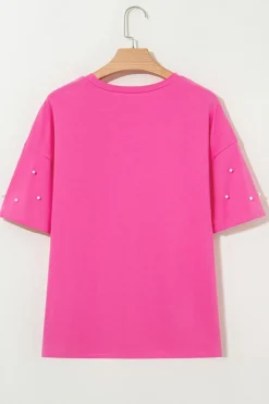 Best Dear-Lover Pearl Beaded  Drop Shoulder Crewneck T Shirt Bright Pink
