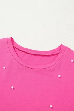 Best Dear-Lover Pearl Beaded  Drop Shoulder Crewneck T Shirt Bright Pink