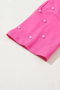 Best Dear-Lover Pearl Beaded  Drop Shoulder Crewneck T Shirt Bright Pink