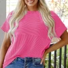 Best Dear-Lover Plain Corded Knit Mock Neck T Shirt Bright Pink