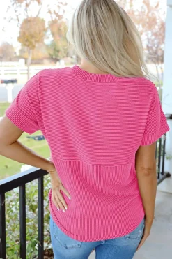 Best Dear-Lover Plain Corded Knit Mock Neck T Shirt Bright Pink