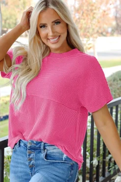 Best Dear-Lover Plain Corded Knit Mock Neck T Shirt Bright Pink