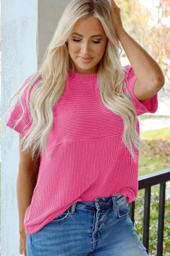 Best Dear-Lover Plain Corded Knit Mock Neck T Shirt Bright Pink