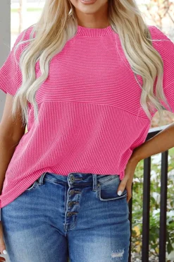 Best Dear-Lover Plain Corded Knit Mock Neck T Shirt Bright Pink