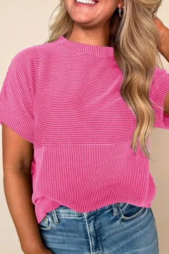 Best Dear-Lover Plain Corded Knit Mock Neck T Shirt Bright Pink