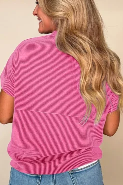 Best Dear-Lover Plain Corded Knit Mock Neck T Shirt Bright Pink