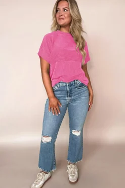 Best Dear-Lover Plain Corded Knit Mock Neck T Shirt Bright Pink