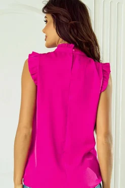 Outlet Dear-Lover Pleated Mock Neck Frilled Trim Sleeveless Top Bright Pink