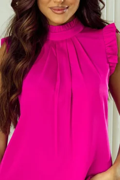 Outlet Dear-Lover Pleated Mock Neck Frilled Trim Sleeveless Top Bright Pink