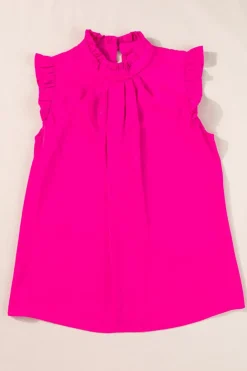 Outlet Dear-Lover Pleated Mock Neck Frilled Trim Sleeveless Top Bright Pink