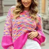 Sale Dear-Lover Rainbow Confetti Drop Shoulder Sweater Bright Pink