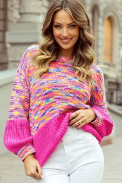 Sale Dear-Lover Rainbow Confetti Drop Shoulder Sweater Bright Pink
