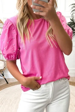 Discount Dear-Lover Ribbed Pearl Beaded Puff Sleeve Top Bright Pink