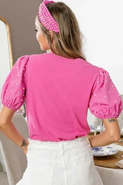 Discount Dear-Lover Ribbed Pearl Beaded Puff Sleeve Top Bright Pink