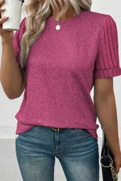 Online Dear-Lover Ribbed Splicing Sleeve Round Neck T-shirt Bright Pink