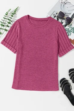 Online Dear-Lover Ribbed Splicing Sleeve Round Neck T-shirt Bright Pink