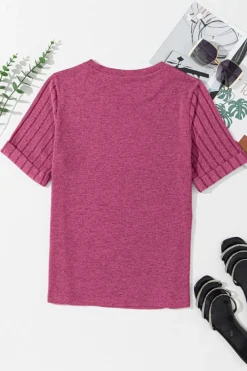 Online Dear-Lover Ribbed Splicing Sleeve Round Neck T-shirt Bright Pink