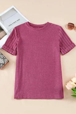 Online Dear-Lover Ribbed Splicing Sleeve Round Neck T-shirt Bright Pink