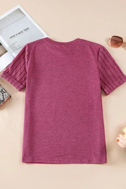 Online Dear-Lover Ribbed Splicing Sleeve Round Neck T-shirt Bright Pink
