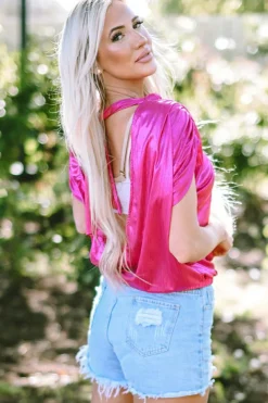 Outlet Dear-Lover Ruched Sleeves Knotted Backless Blouse Bright Pink