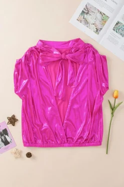 Outlet Dear-Lover Ruched Sleeves Knotted Backless Blouse Bright Pink