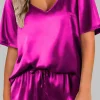 Outlet Dear-Lover Satin V Neck Tee and Drawstring Shorts Set Bright Pink