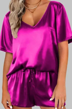 Outlet Dear-Lover Satin V Neck Tee and Drawstring Shorts Set Bright Pink