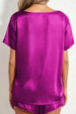 Outlet Dear-Lover Satin V Neck Tee and Drawstring Shorts Set Bright Pink