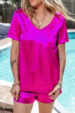 Outlet Dear-Lover Satin V Neck Tee and Drawstring Shorts Set Bright Pink