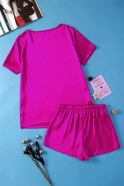 Outlet Dear-Lover Satin V Neck Tee and Drawstring Shorts Set Bright Pink