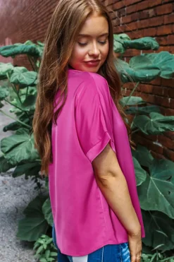 Best Dear-Lover Silky V Neck Dolman Blouse Bright Pink
