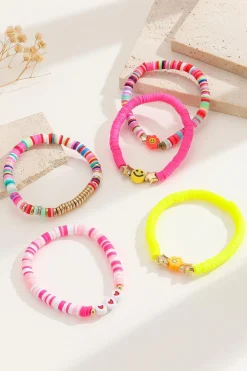 Sale Dear-Lover Smile Face Colorful Beaded 5pcs Bracelet Set Bright Pink