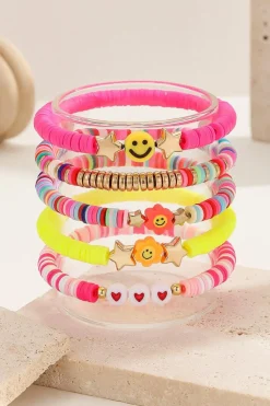 Sale Dear-Lover Smile Face Colorful Beaded 5pcs Bracelet Set Bright Pink