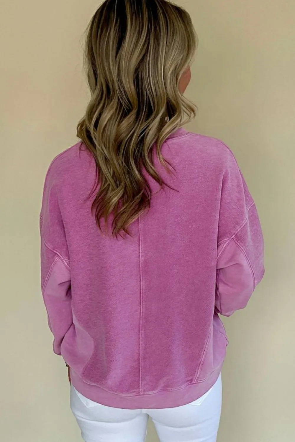 Hot Dear-Lover Solid Color Notched Neck Drop Shoulder Sweatshirt Bright Pink