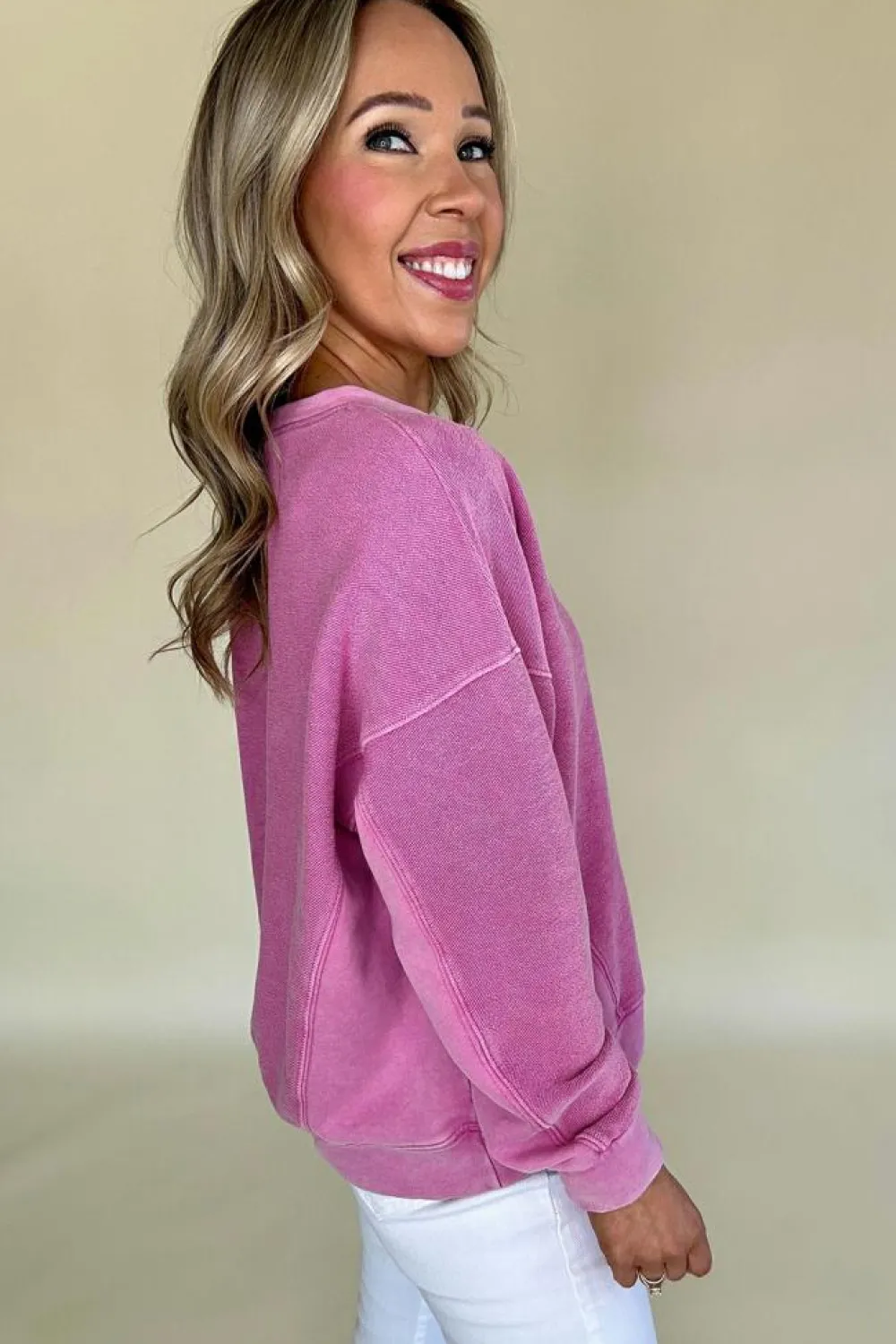 Hot Dear-Lover Solid Color Notched Neck Drop Shoulder Sweatshirt Bright Pink