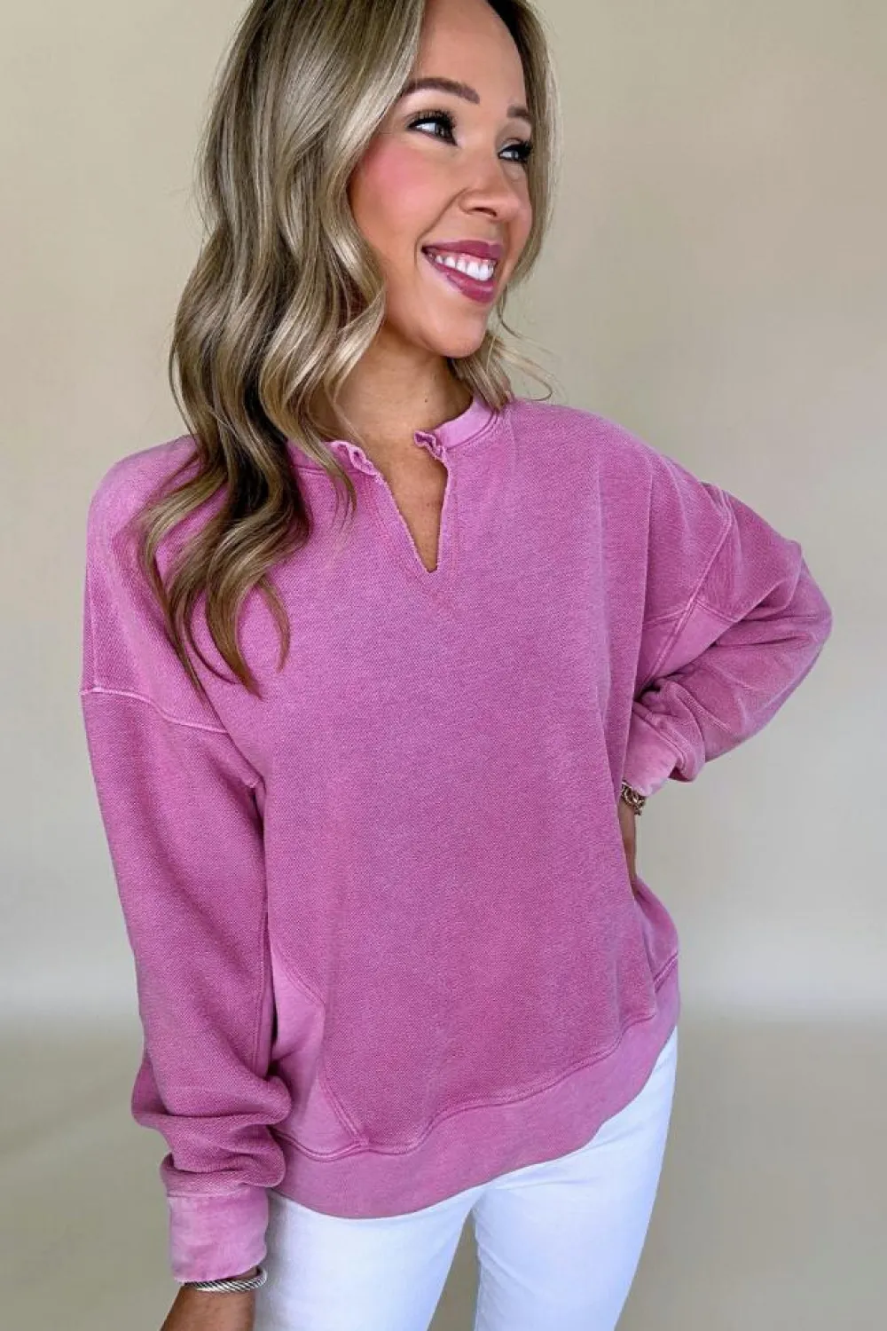 Hot Dear-Lover Solid Color Notched Neck Drop Shoulder Sweatshirt Bright Pink