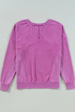 Hot Dear-Lover Solid Color Notched Neck Drop Shoulder Sweatshirt Bright Pink