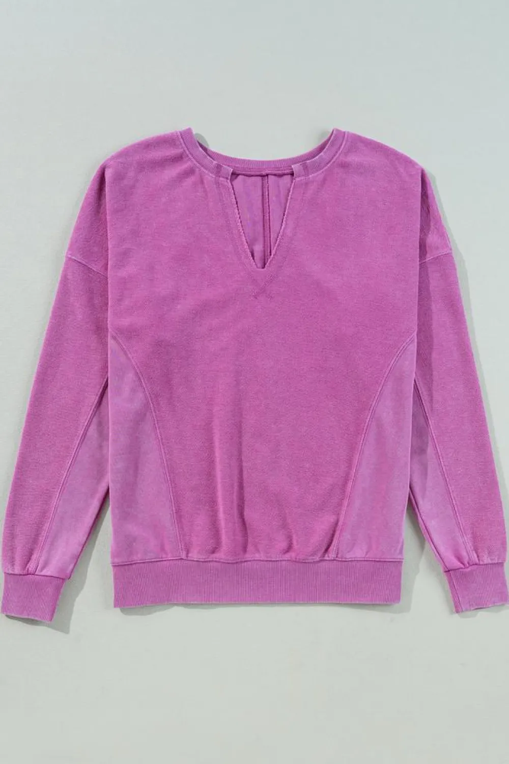 Hot Dear-Lover Solid Color Notched Neck Drop Shoulder Sweatshirt Bright Pink