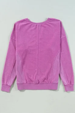 Hot Dear-Lover Solid Color Notched Neck Drop Shoulder Sweatshirt Bright Pink