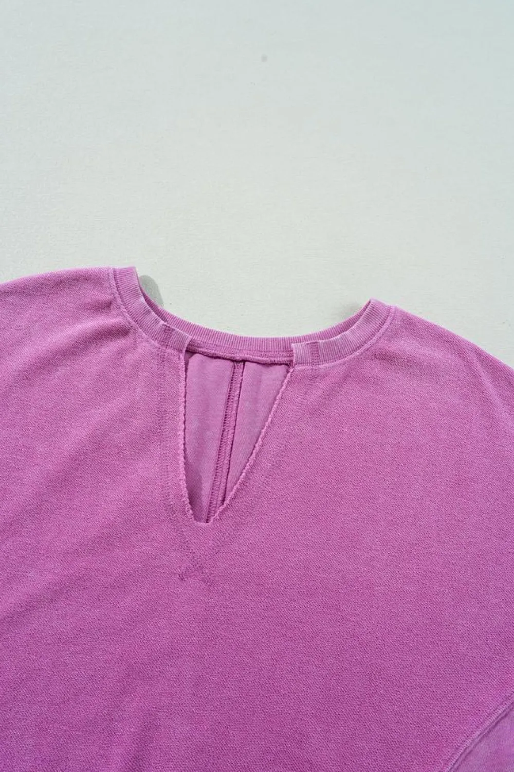 Hot Dear-Lover Solid Color Notched Neck Drop Shoulder Sweatshirt Bright Pink