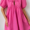 Sale Dear-Lover Solid Color Puff Sleeve Tie Front High Waist Mini Dress Bright Pink